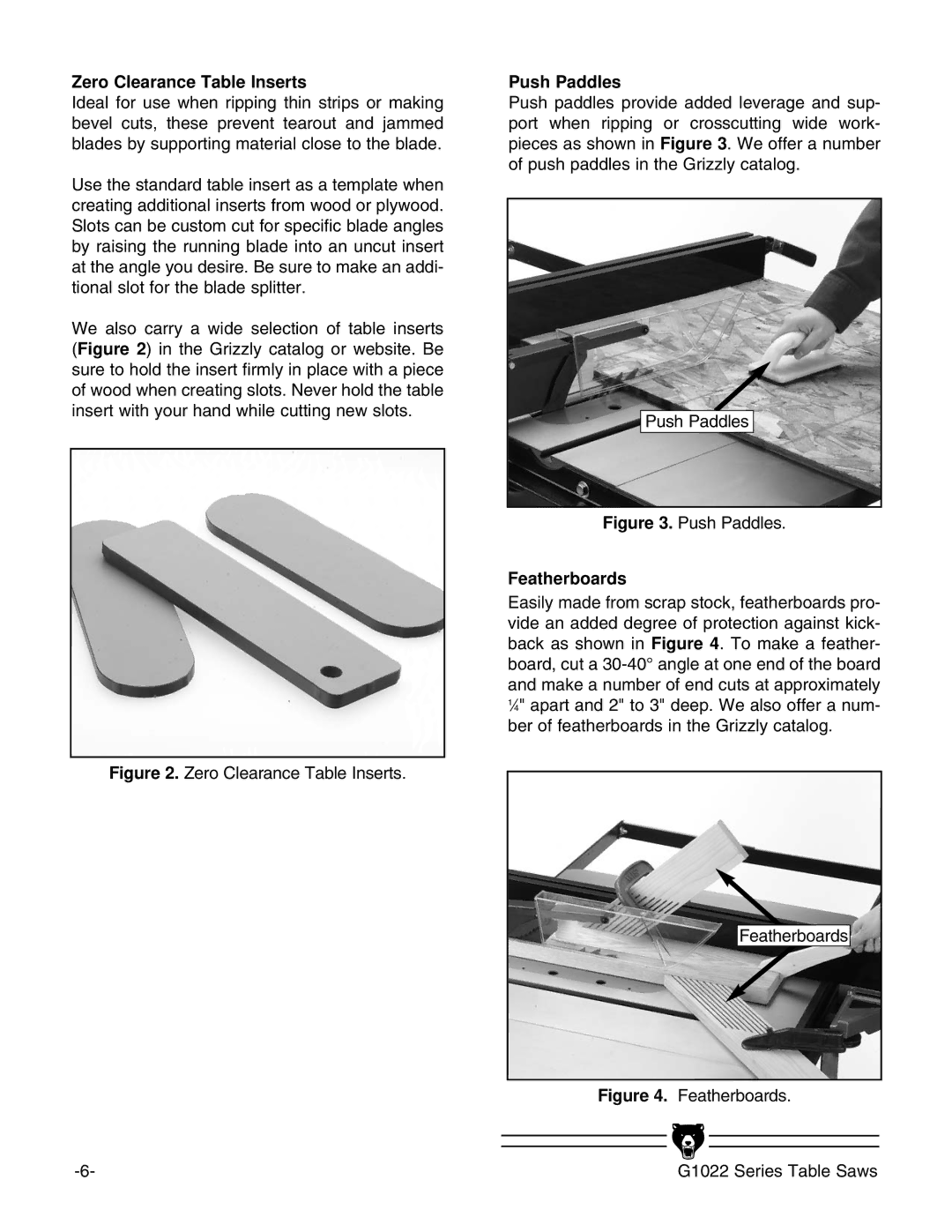 Grizzly G1022SM instruction manual Zero Clearance Table Inserts, Push Paddles, Featherboards 