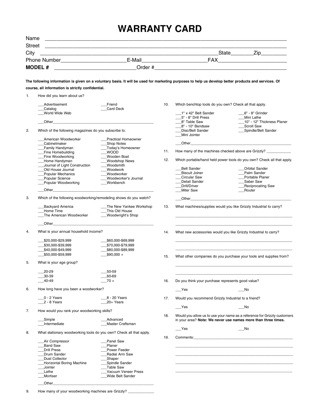 Grizzly G1022SM instruction manual Warranty Card 