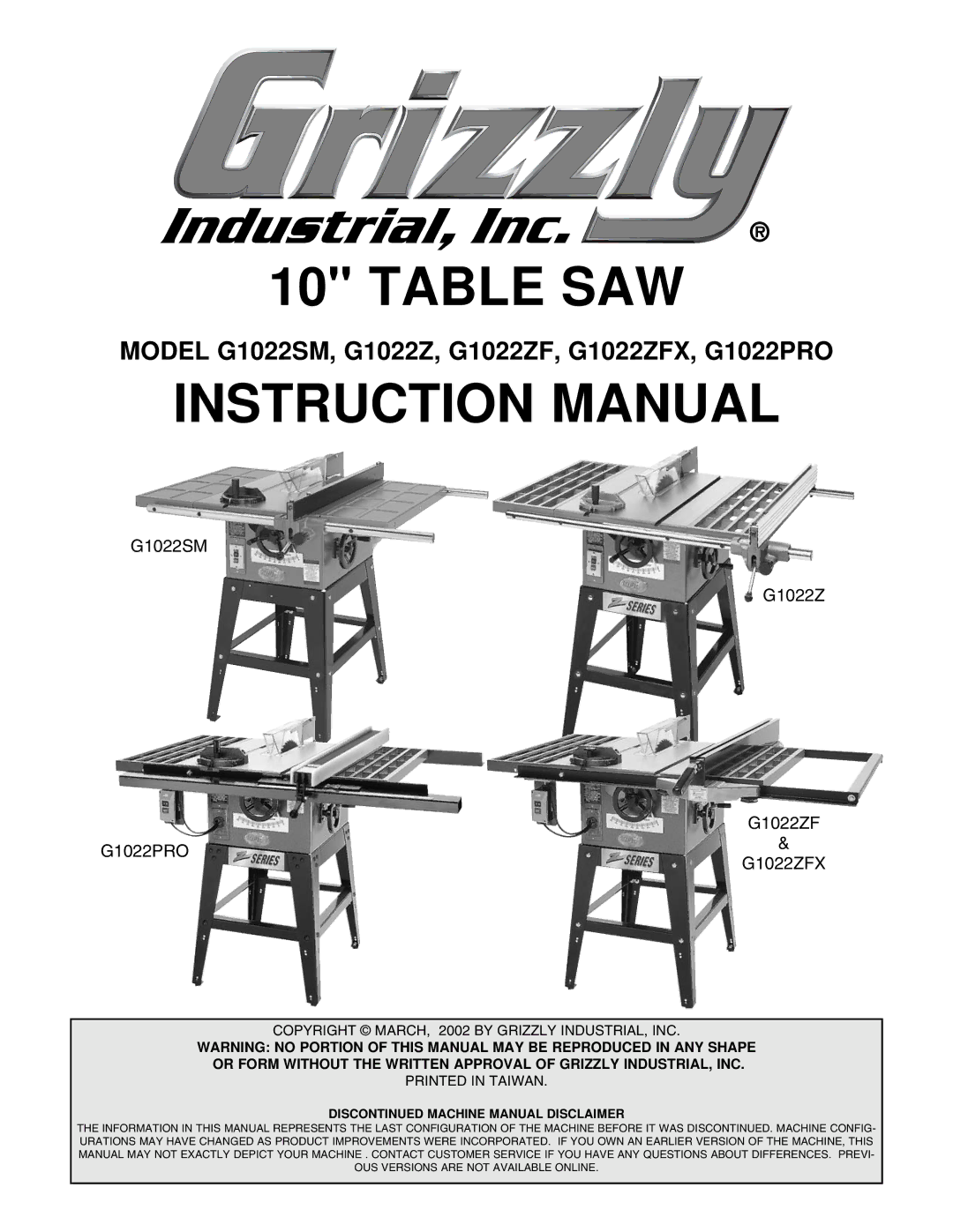 Grizzly G1022ZFX instruction manual Table SAW 