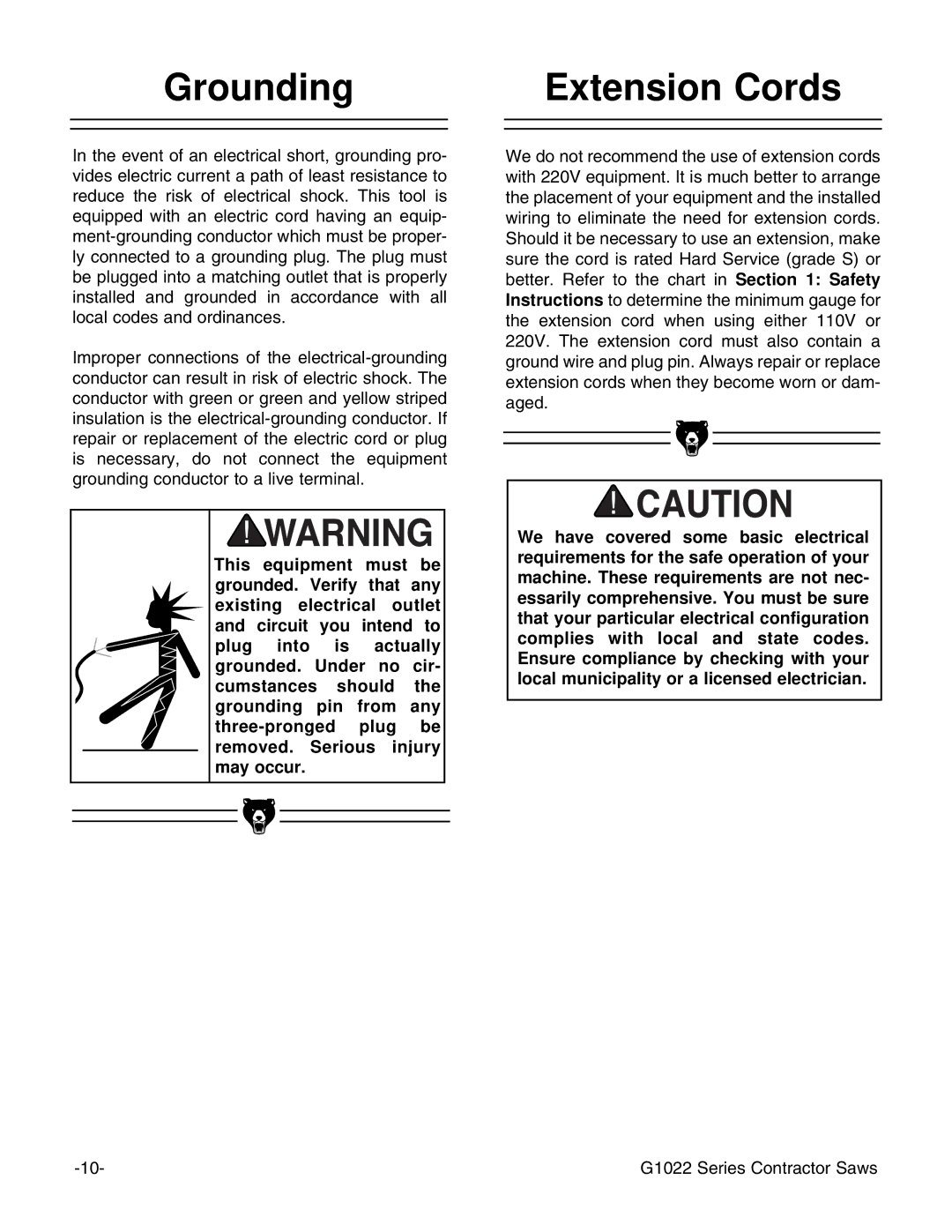 Grizzly G1022ZFX instruction manual Grounding Extension Cords 