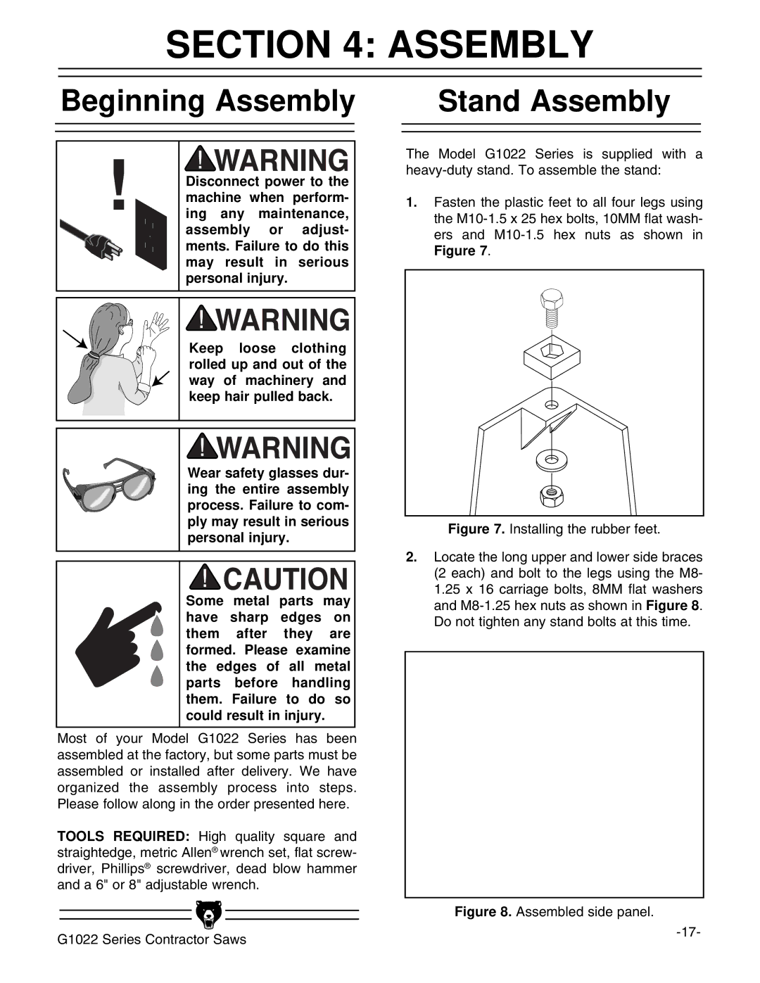 Grizzly G1022ZFX instruction manual Beginning Assembly, Stand Assembly 