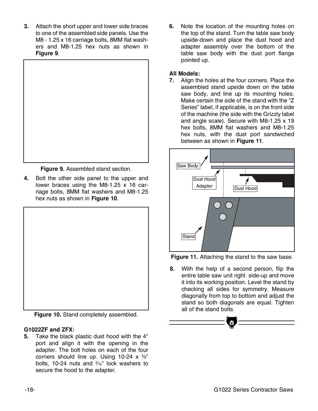 Grizzly G1022ZFX instruction manual G1022ZF and ZFX, All Models 