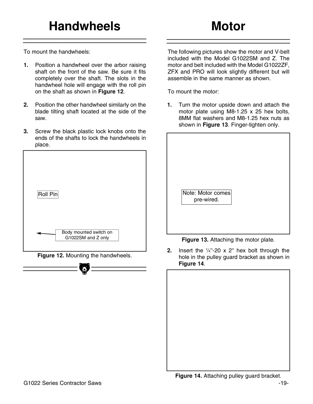 Grizzly G1022ZFX instruction manual HandwheelsMotor, Attaching pulley guard bracket 