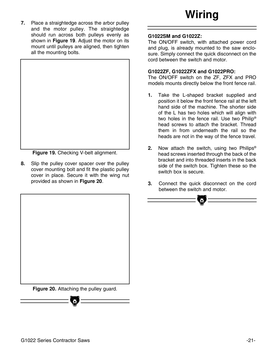 Grizzly instruction manual Wiring, G1022ZF, G1022ZFX and G1022PRO 