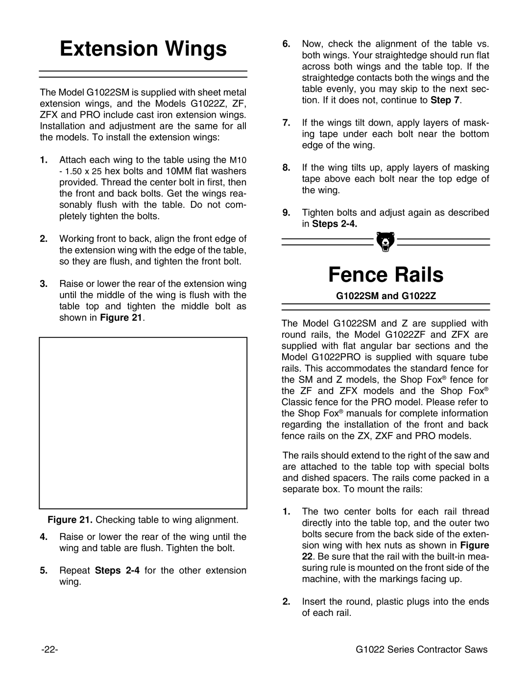 Grizzly G1022ZFX instruction manual Extension Wings, Fence Rails 