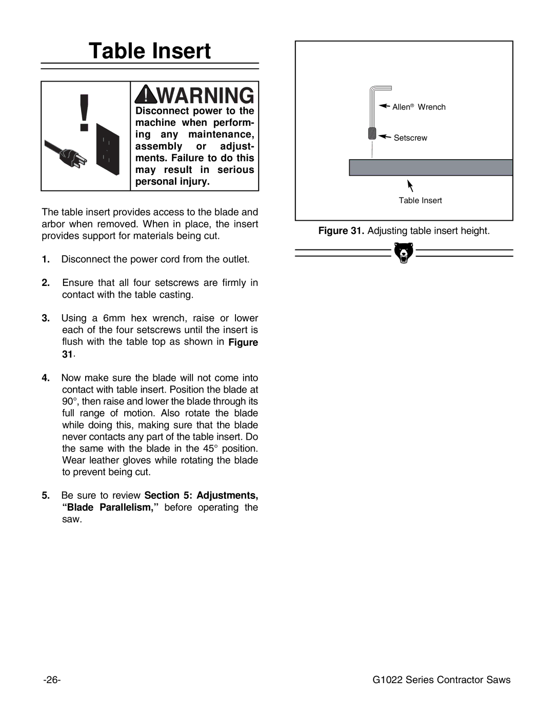 Grizzly G1022ZFX instruction manual Table Insert, Adjusting table insert height G1022 Series Contractor Saws 