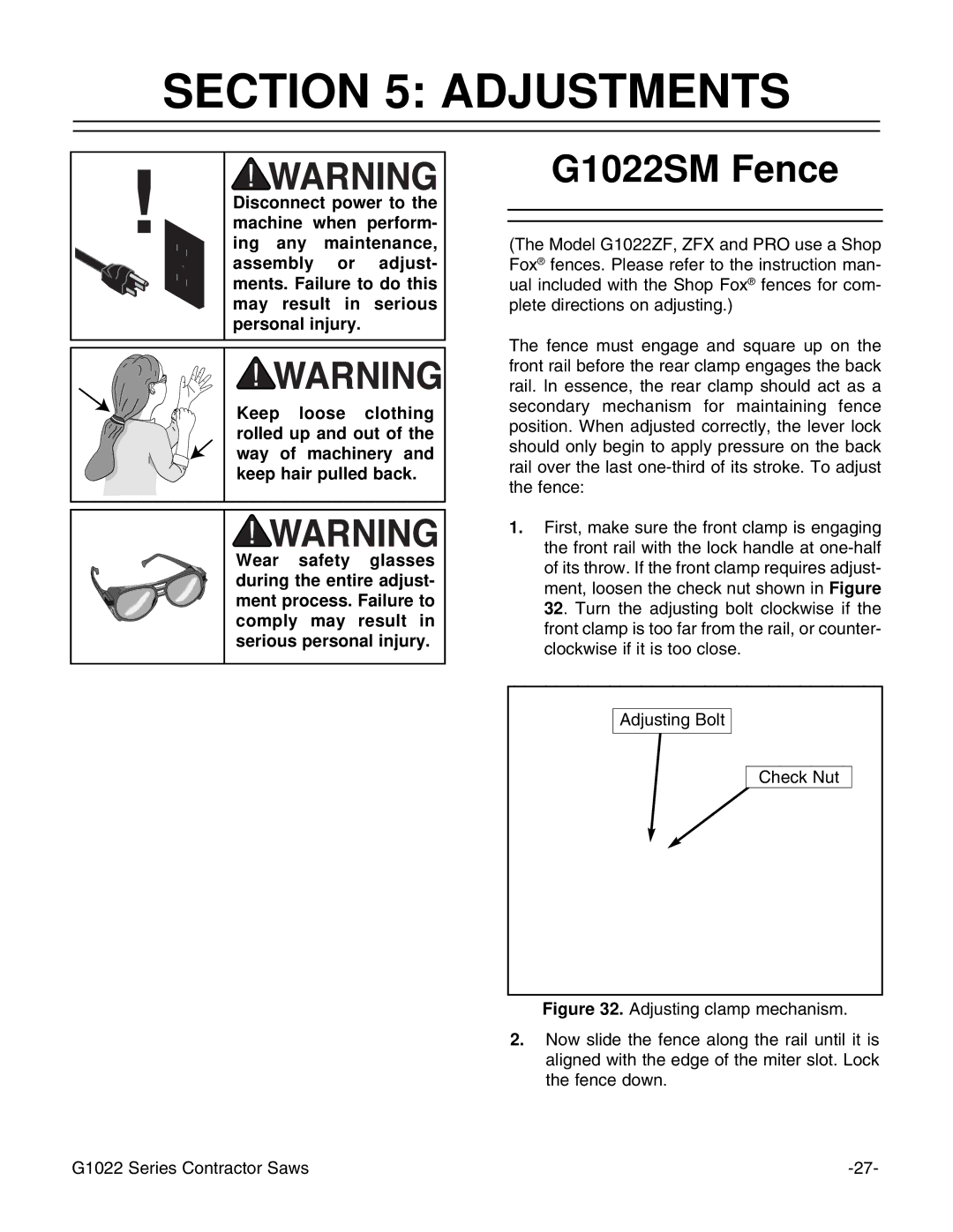 Grizzly G1022ZFX instruction manual Adjustments, G1022SM Fence 