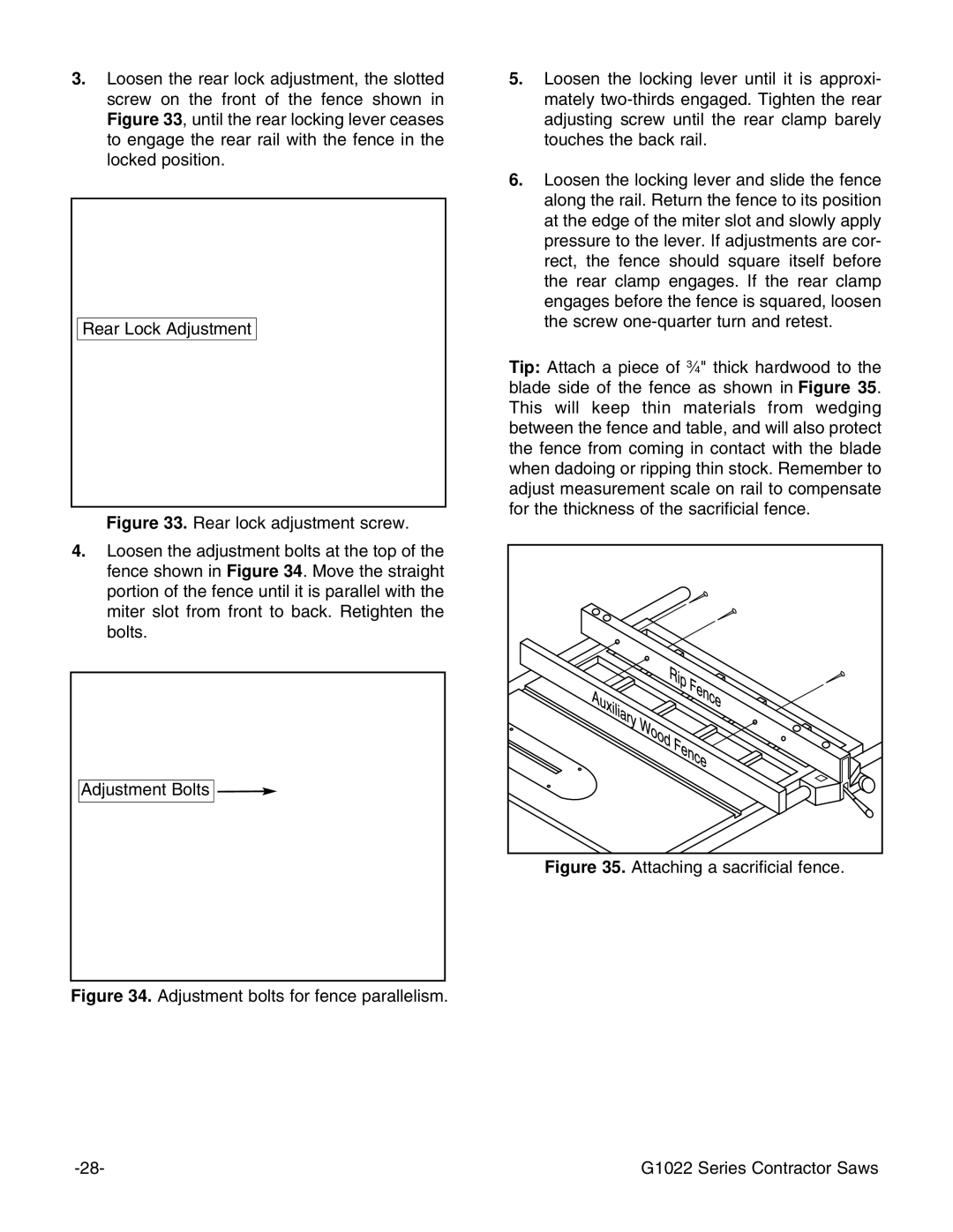 Grizzly G1022ZFX instruction manual Attaching a sacrificial fence G1022 Series Contractor Saws 