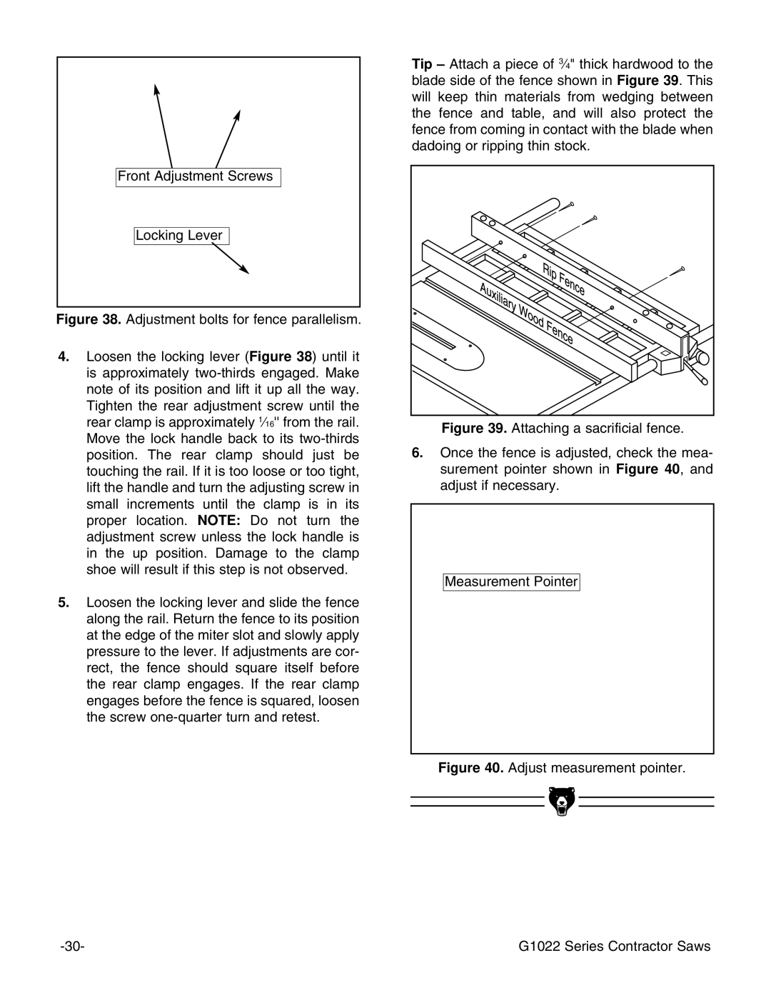 Grizzly G1022ZFX instruction manual Adjust measurement pointer G1022 Series Contractor Saws 