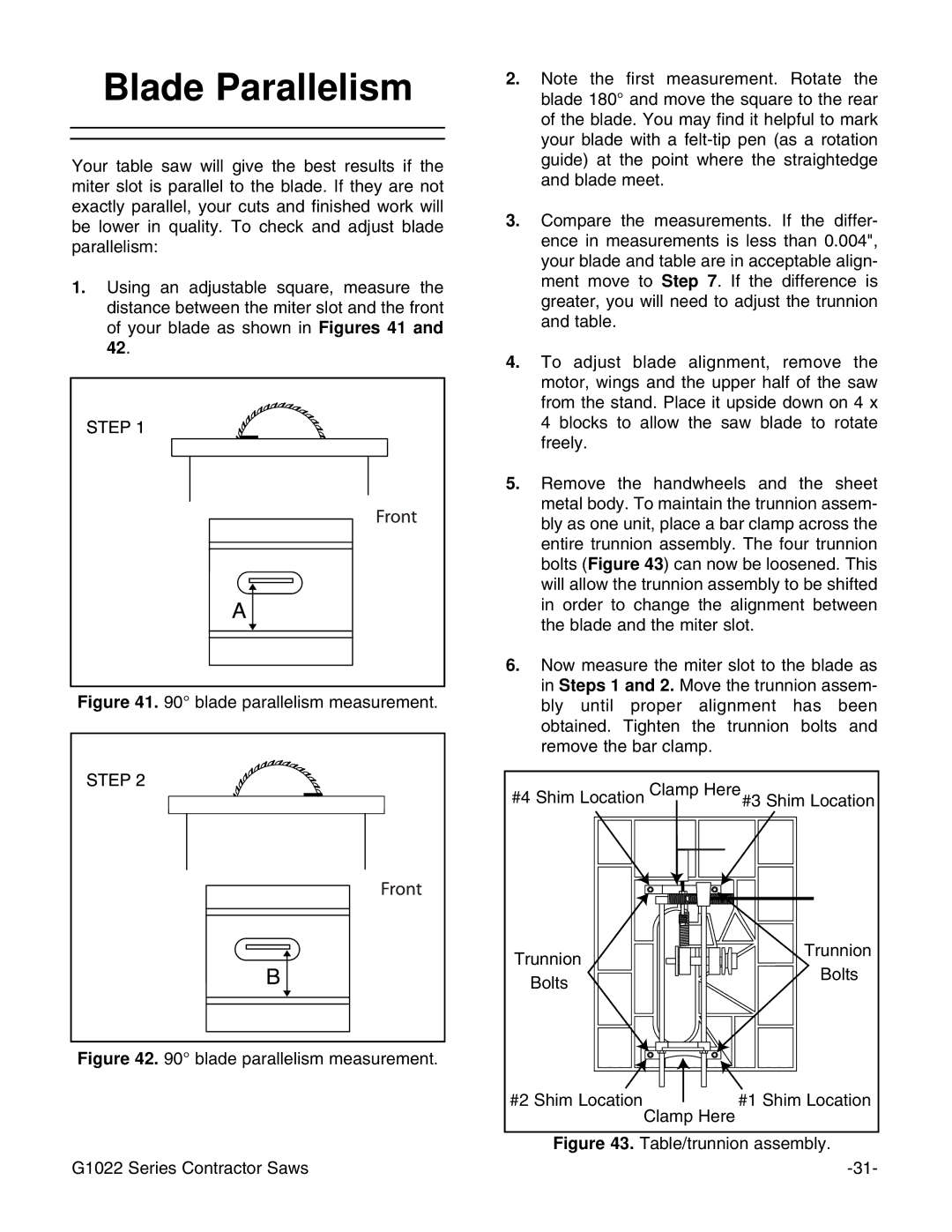 Grizzly G1022ZFX instruction manual Blade Parallelism, Table/trunnion assembly 