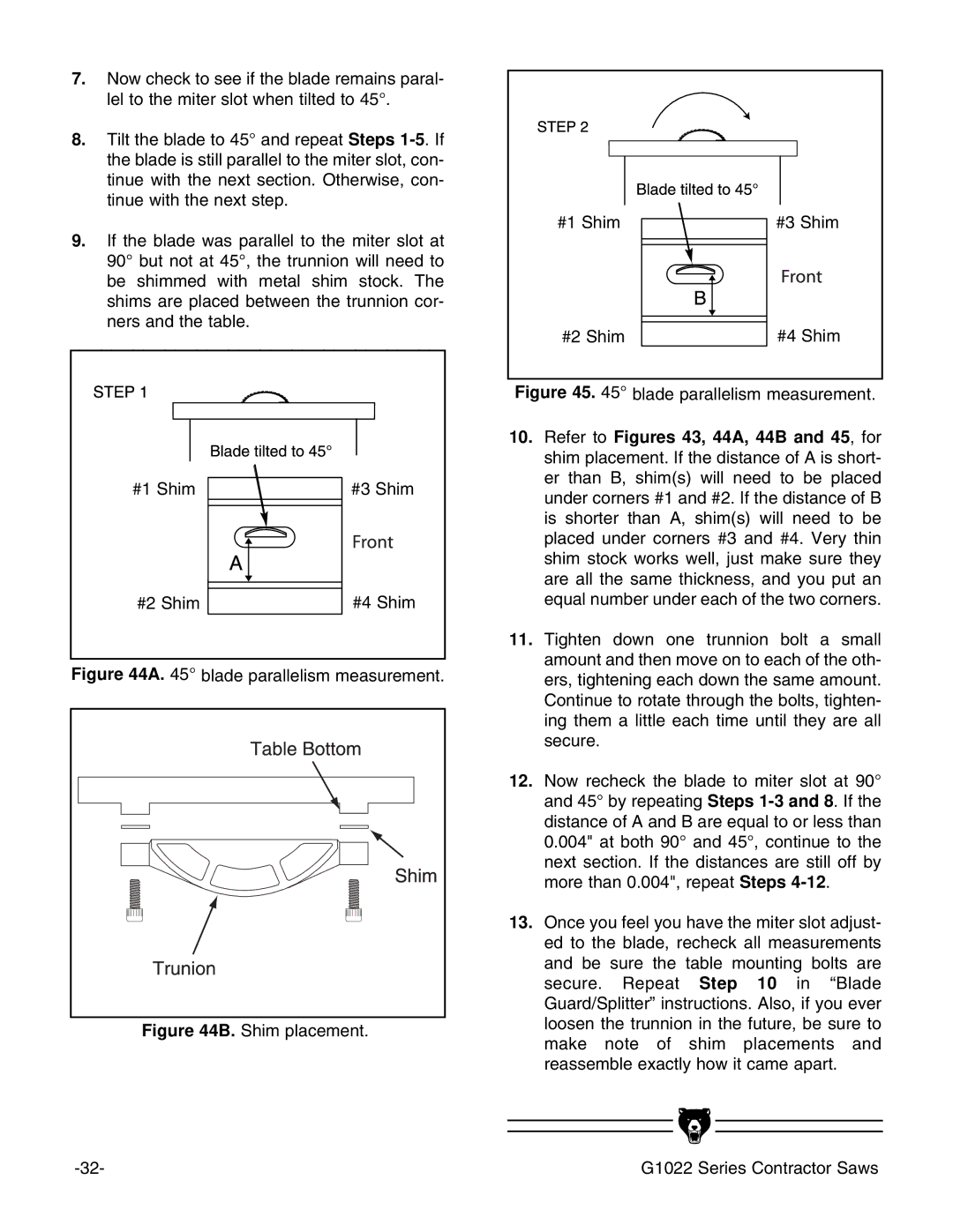 Grizzly G1022ZFX instruction manual ¡ blade parallelism measurement 