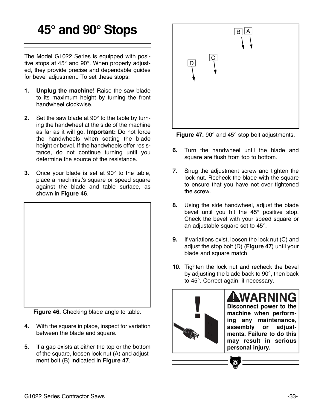 Grizzly G1022ZFX instruction manual Stops 