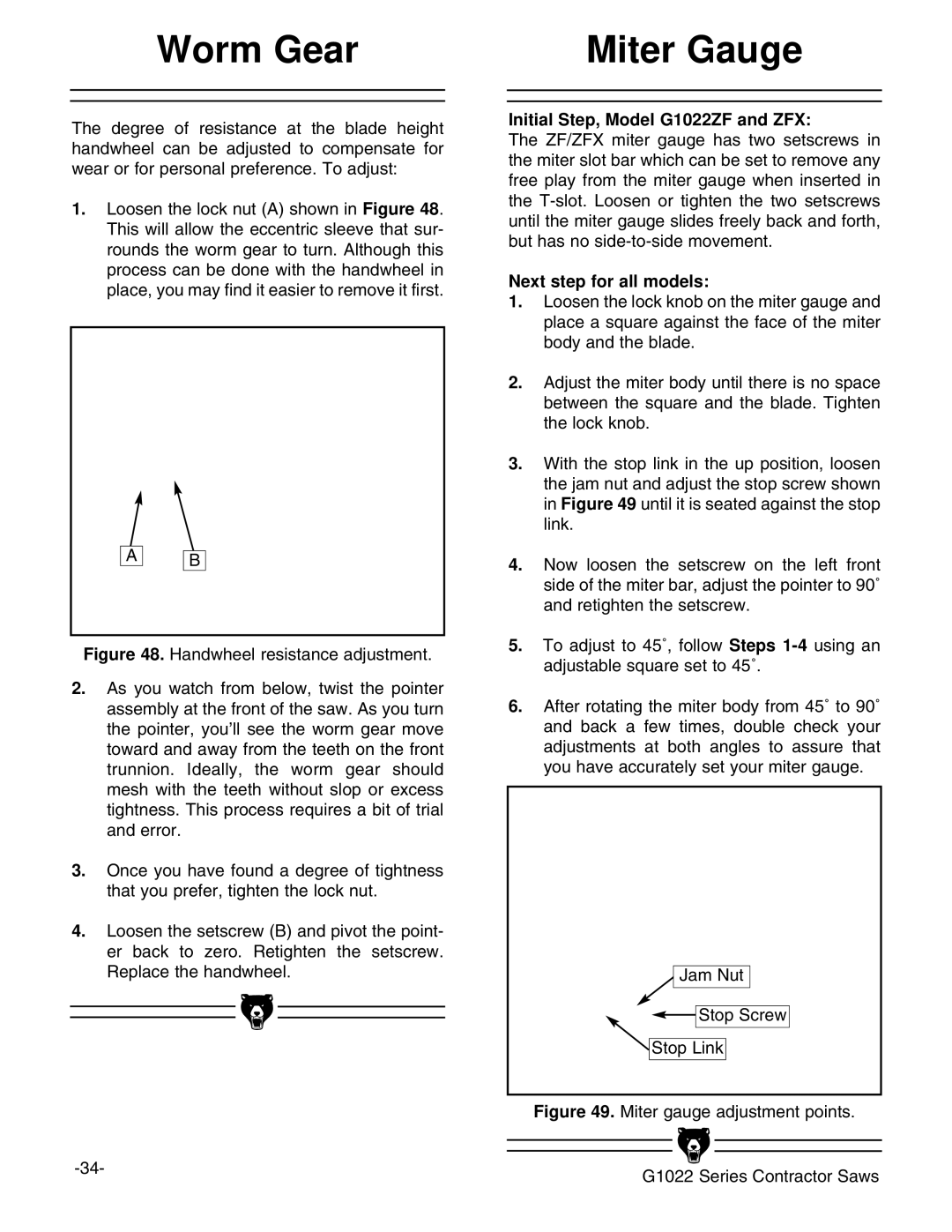 Grizzly G1022ZFX instruction manual Worm Gear, Miter Gauge, Initial Step, Model G1022ZF and ZFX, Next step for all models 