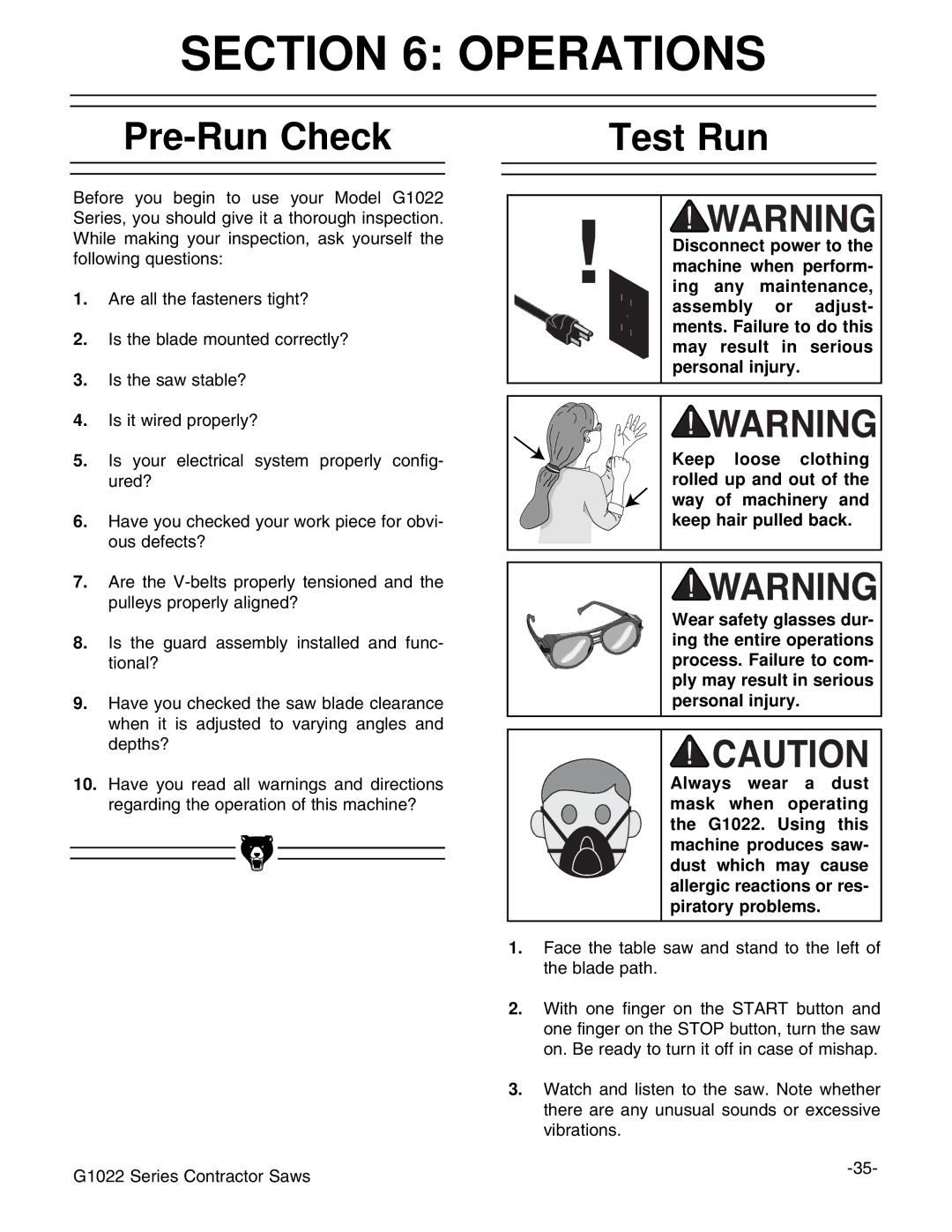 Grizzly G1022ZFX instruction manual Operations, Pre-Run Check, Test Run 