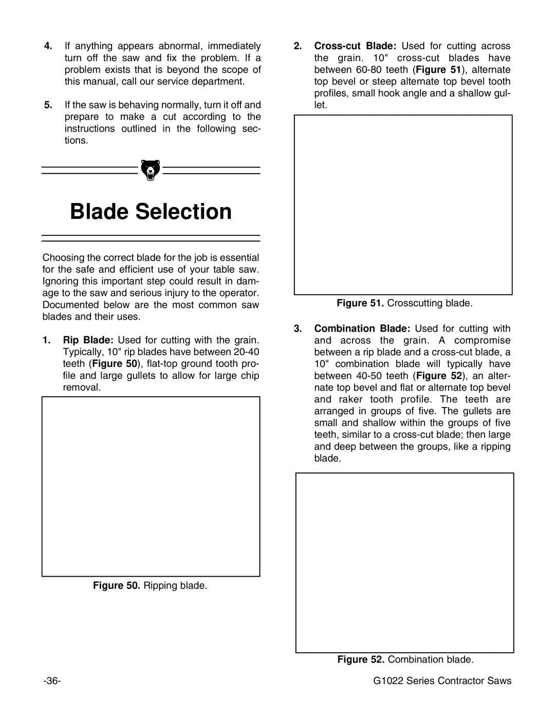 Grizzly G1022ZFX instruction manual Blade Selection, Ripping blade 