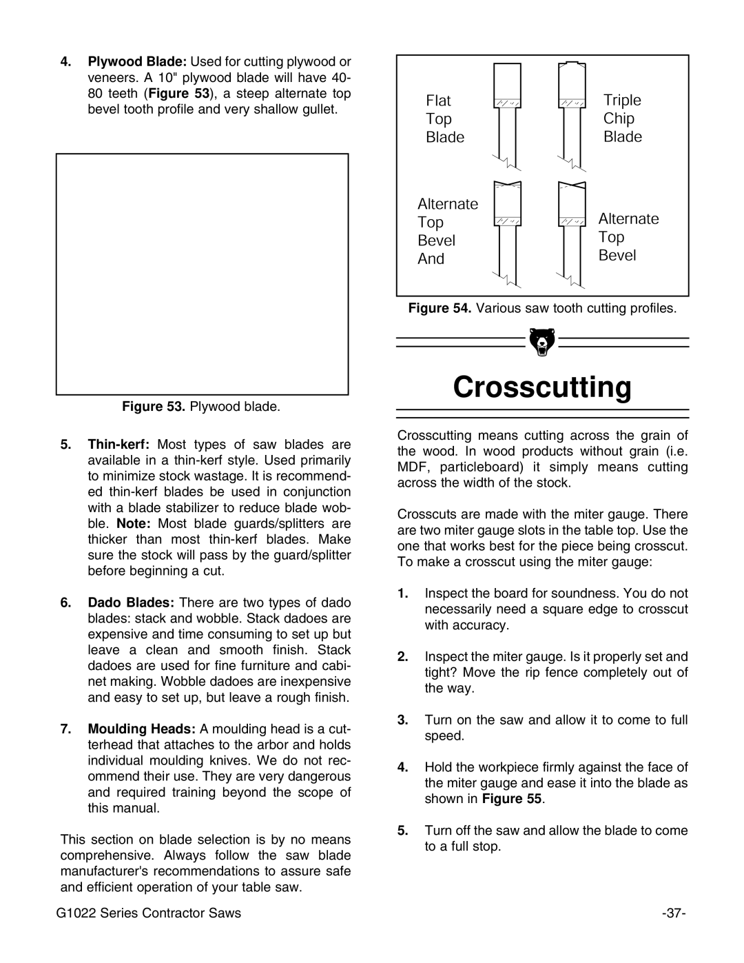 Grizzly G1022ZFX instruction manual Crosscutting, Various saw tooth cutting profiles 