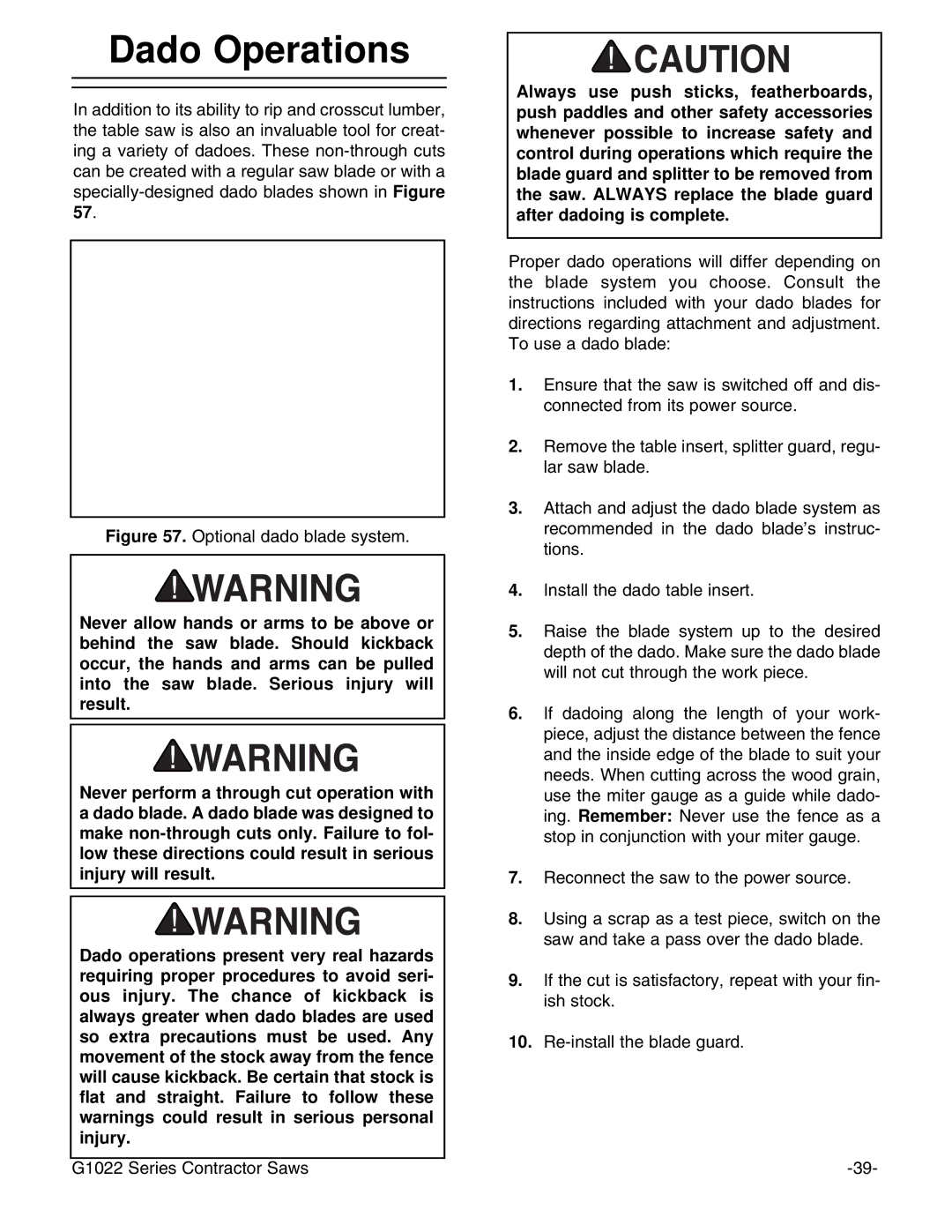 Grizzly G1022ZFX instruction manual Dado Operations, Optional dado blade system 