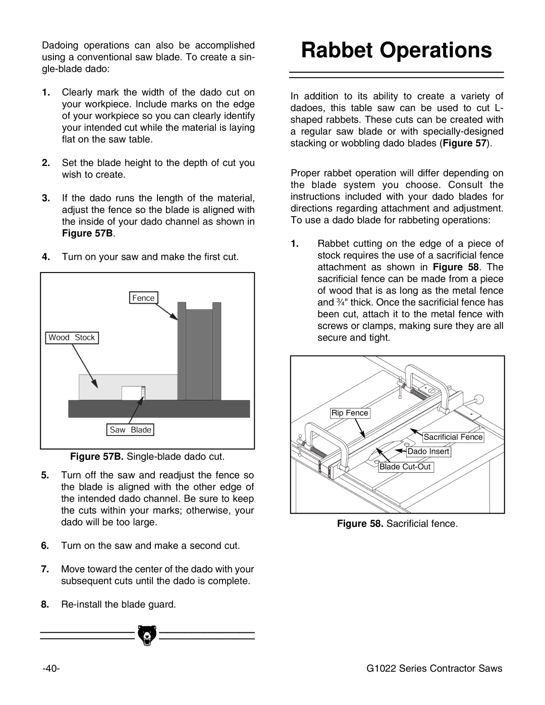 Grizzly G1022ZFX instruction manual Rabbet Operations, Sacrificial fence G1022 Series Contractor Saws 