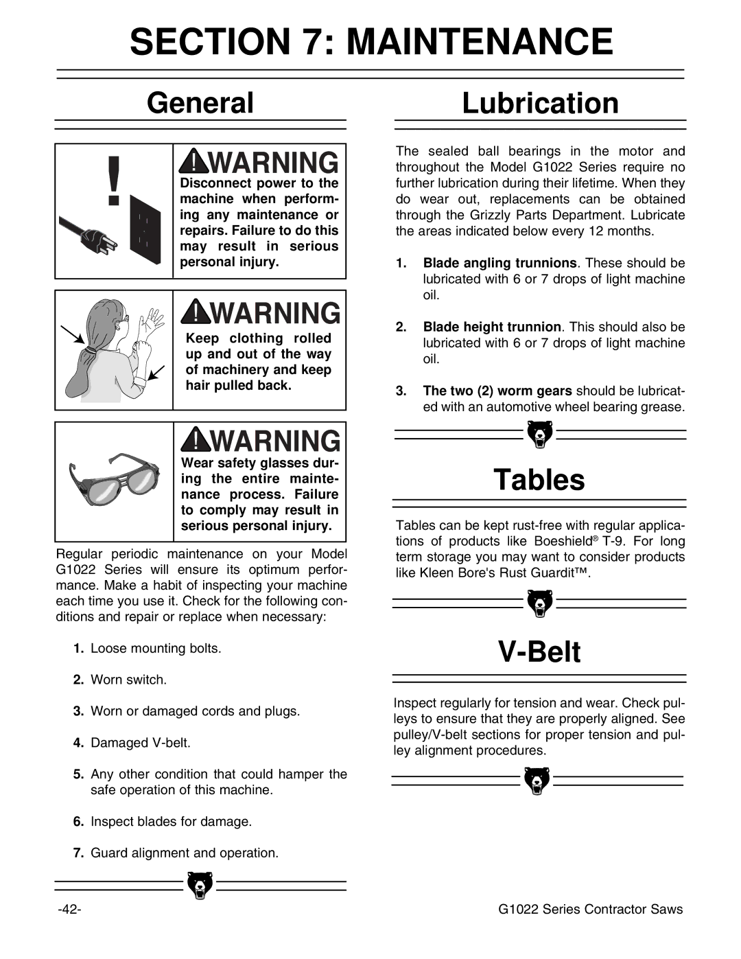 Grizzly G1022ZFX instruction manual Maintenance, General, Lubrication, Tables, Belt 