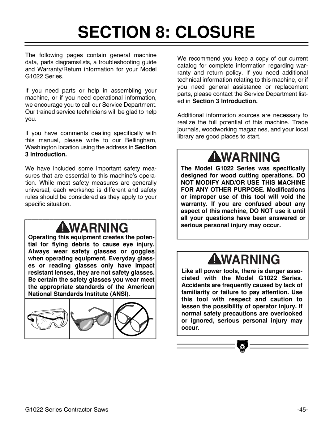 Grizzly G1022ZFX instruction manual Closure 