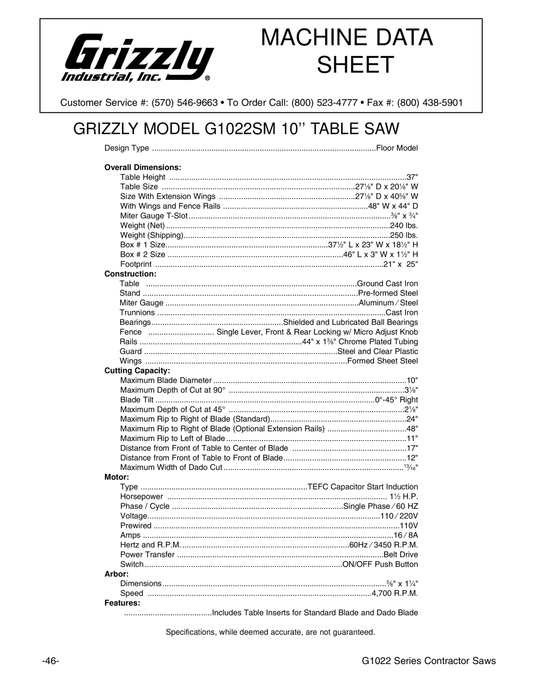 Grizzly G1022ZFX instruction manual Machine Data Sheet 