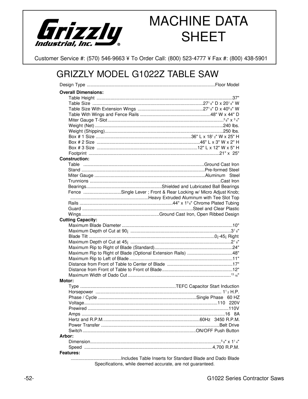 Grizzly G1022ZFX instruction manual Grizzly Model G1022Z Table SAW 