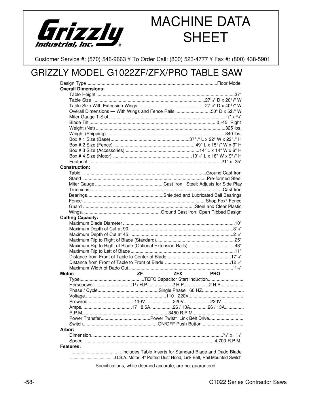 Grizzly G1022ZFX instruction manual Grizzly Model G1022ZF/ZFX/PRO Table SAW 