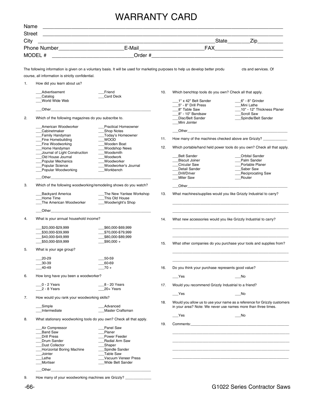 Grizzly G1022ZFX instruction manual Warranty Card 