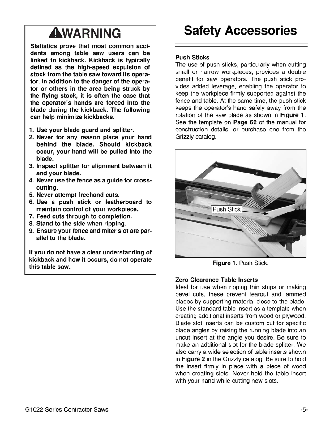 Grizzly G1022ZFX instruction manual Push Sticks, Zero Clearance Table Inserts 