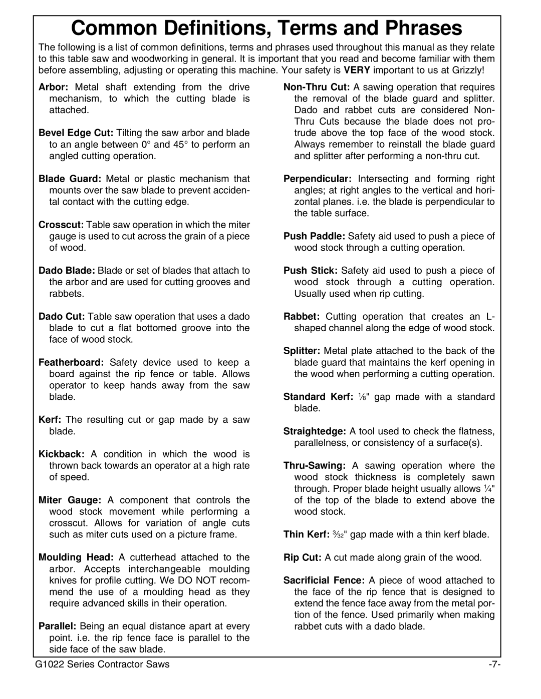 Grizzly G1022ZFX instruction manual Common Definitions, Terms and Phrases 