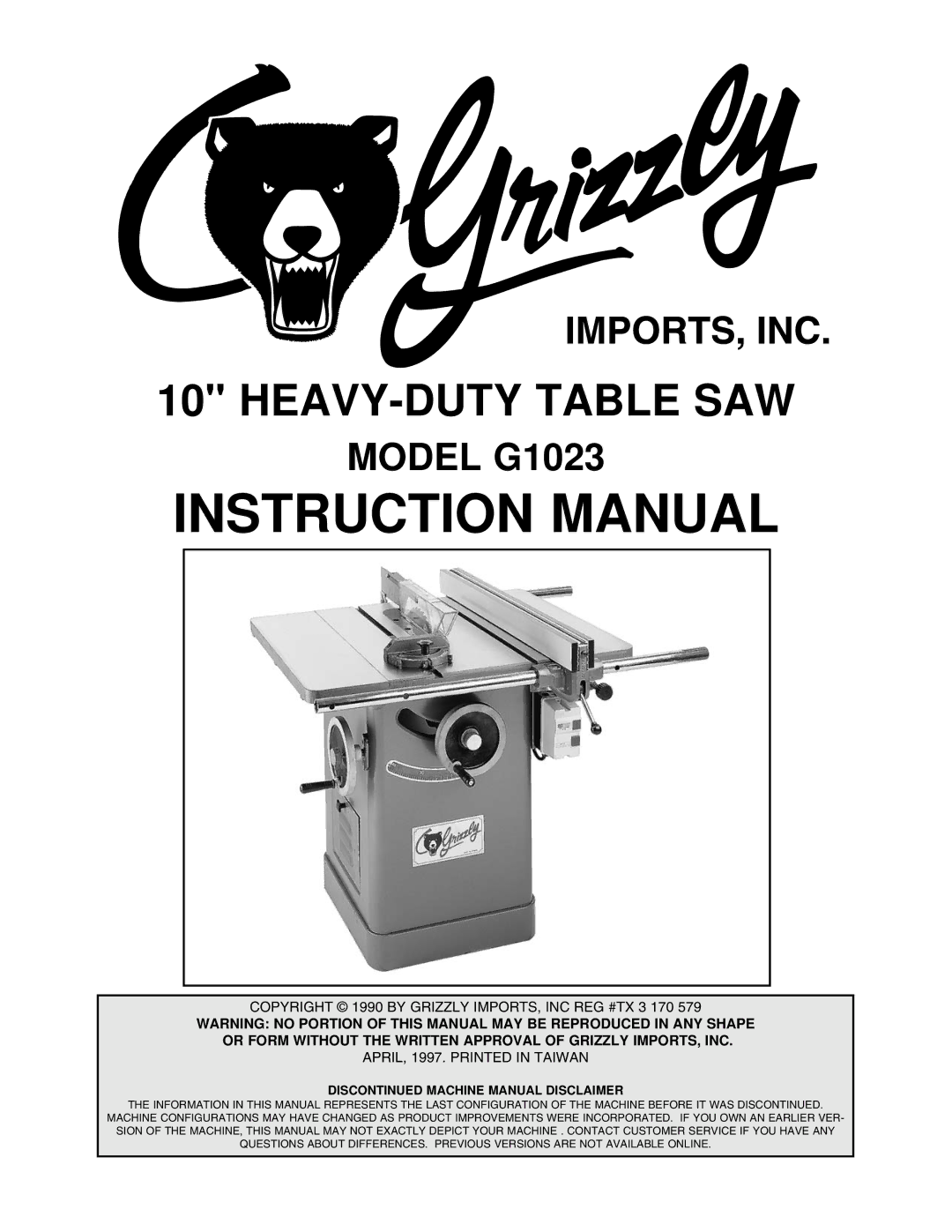 Grizzly G1023 instruction manual HEAVY-DUTY Table SAW 