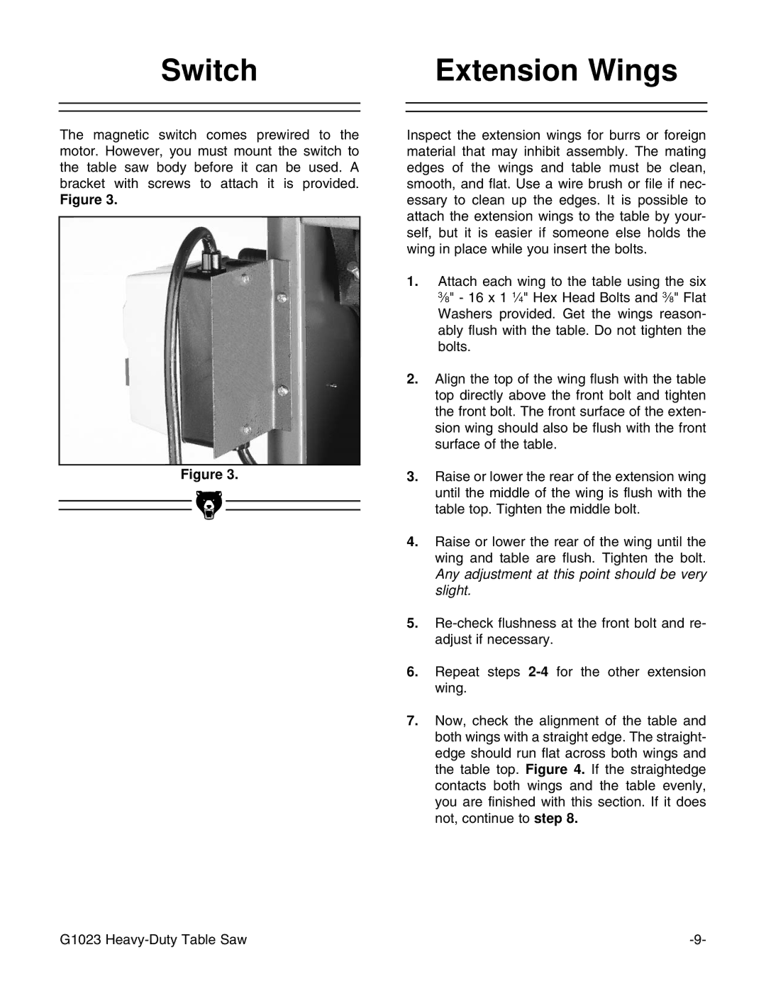 Grizzly G1023 instruction manual Switch Extension Wings 