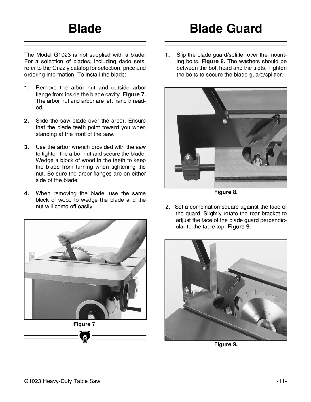 Grizzly G1023 instruction manual Blade Blade Guard 