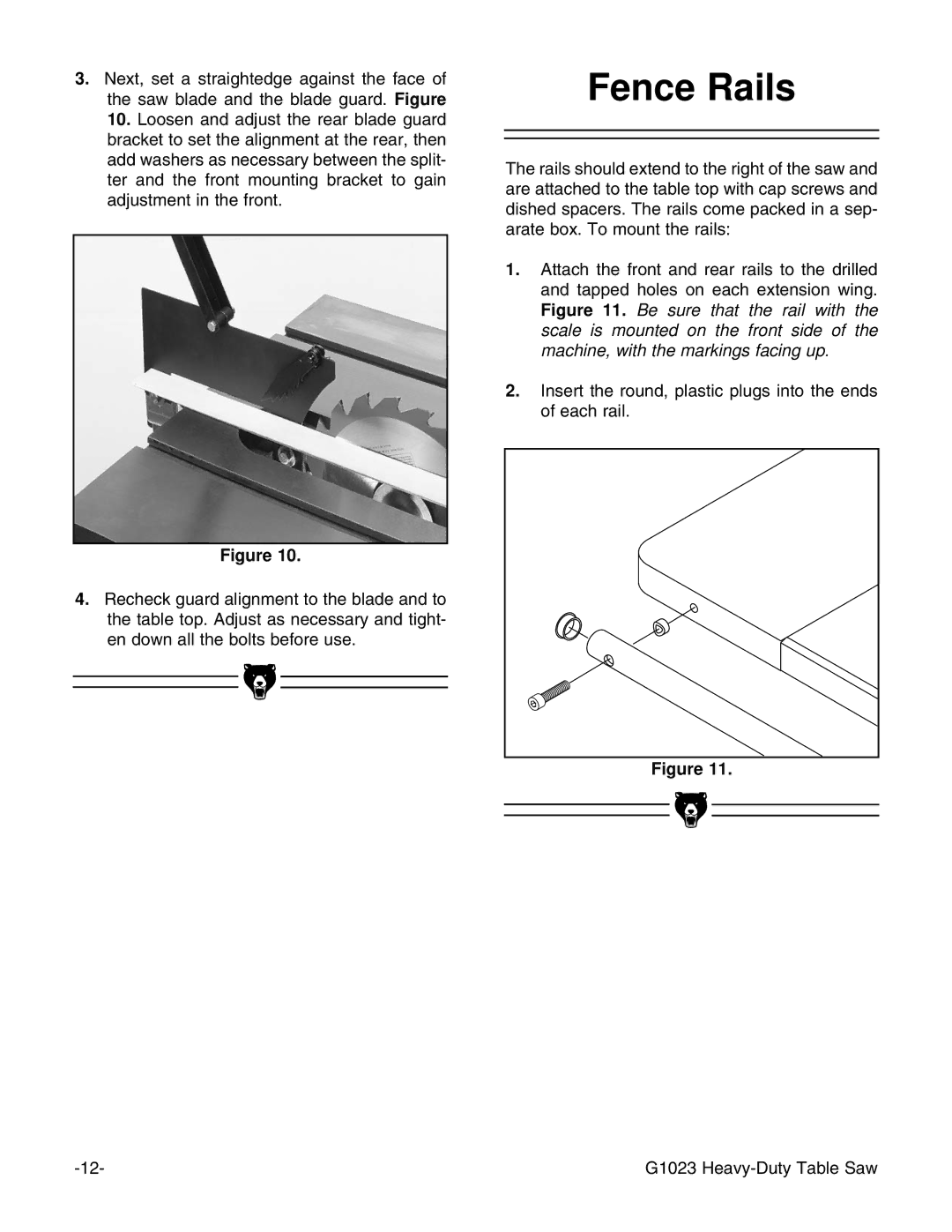 Grizzly G1023 instruction manual Fence Rails 