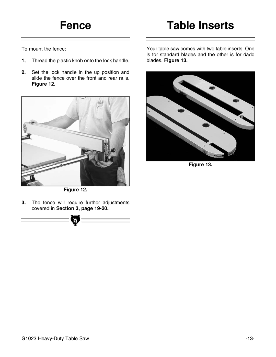 Grizzly G1023 instruction manual Fence Table Inserts 