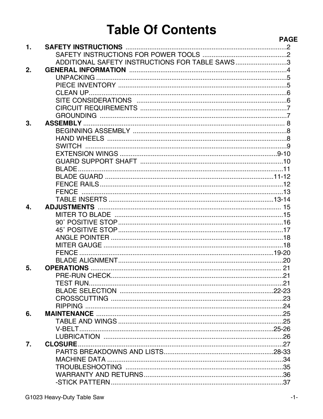 Grizzly G1023 instruction manual Table Of Contents 