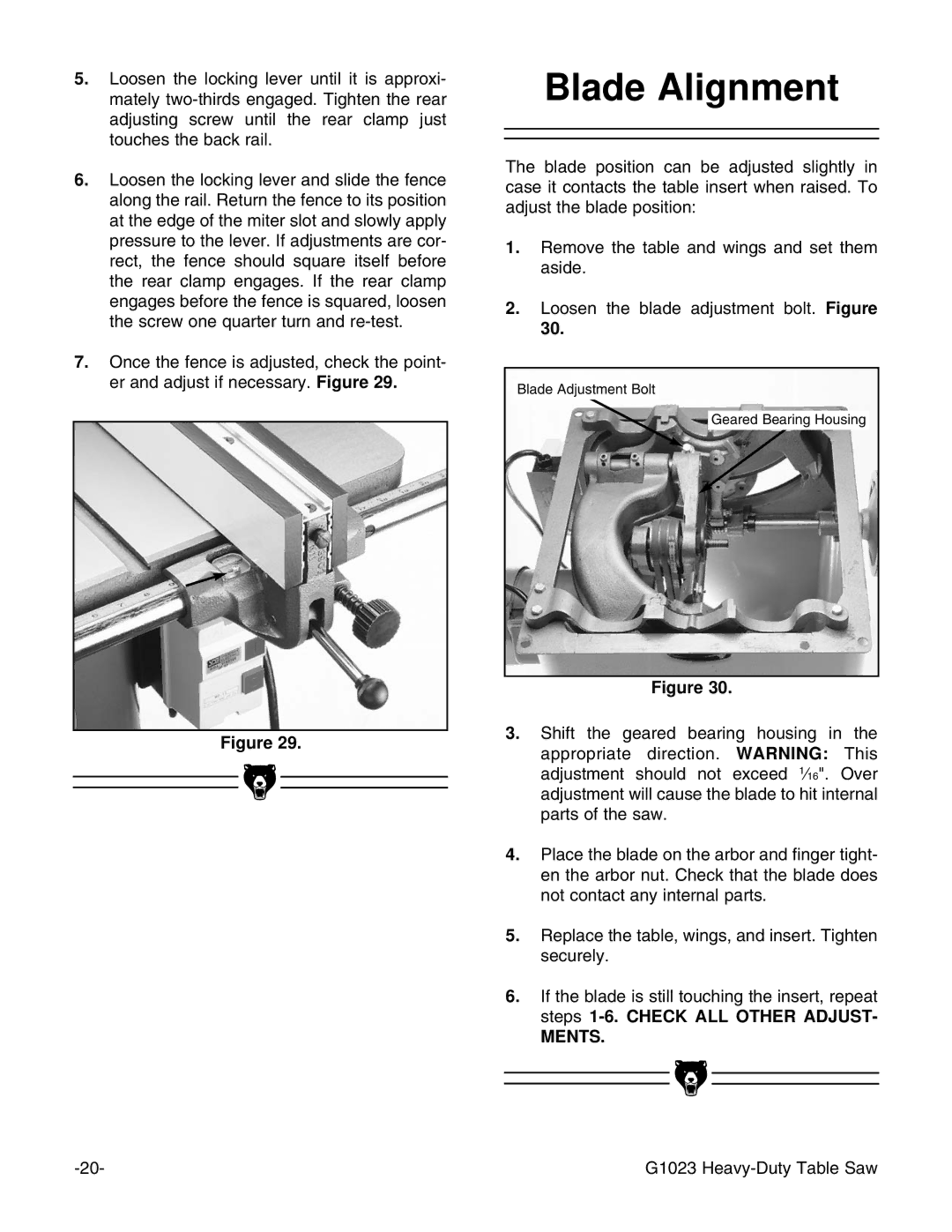 Grizzly G1023 instruction manual Blade Alignment 