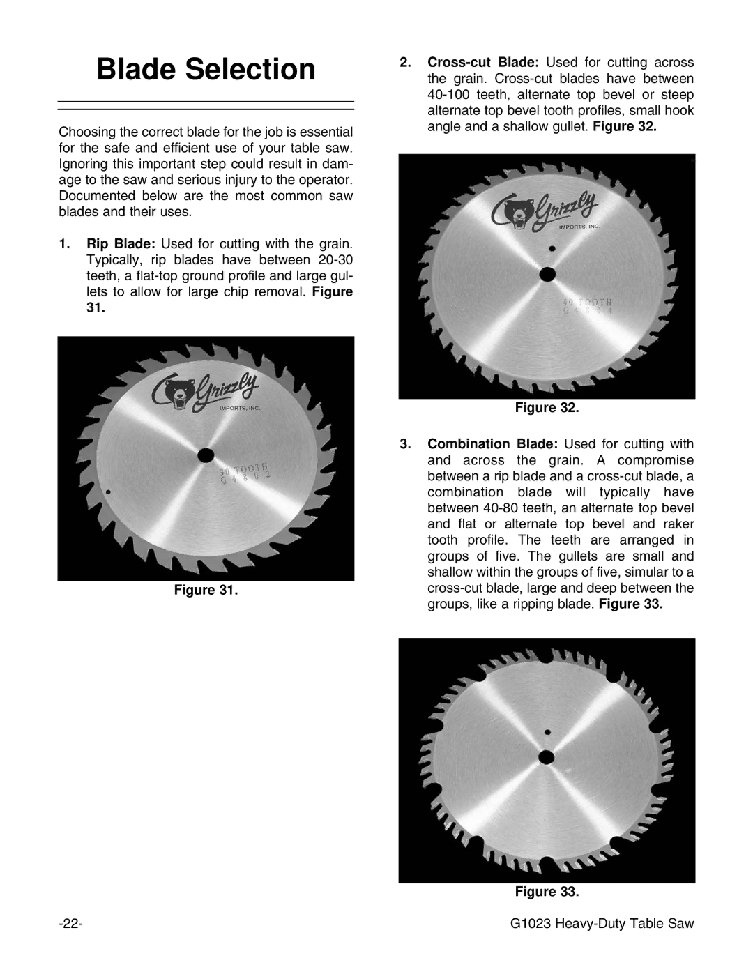 Grizzly G1023 instruction manual Blade Selection 