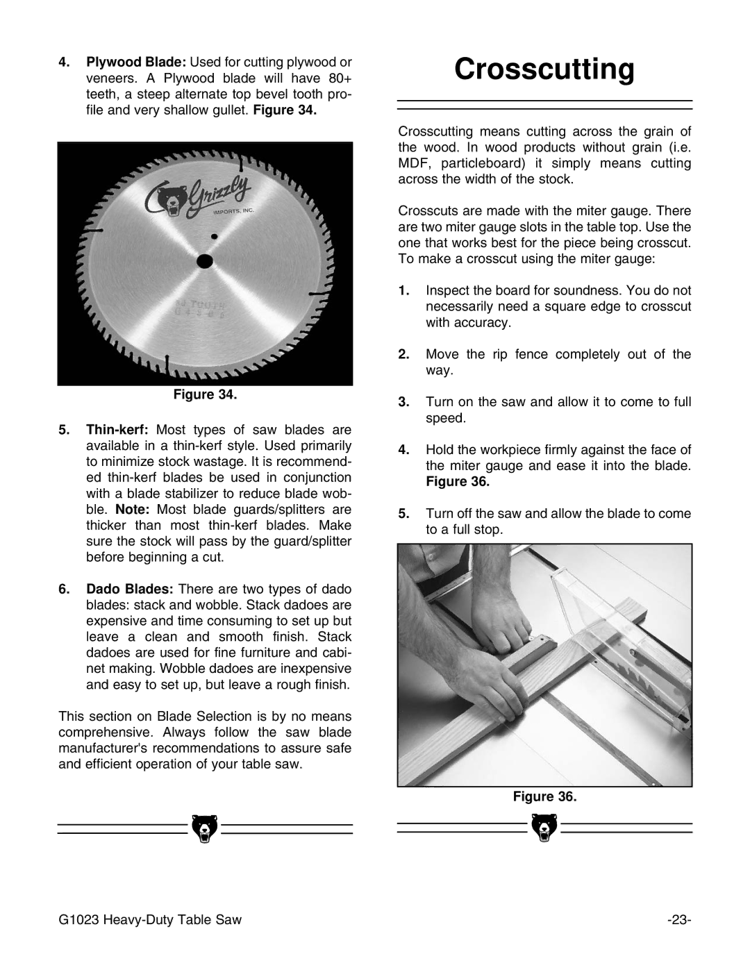 Grizzly G1023 instruction manual Crosscutting 