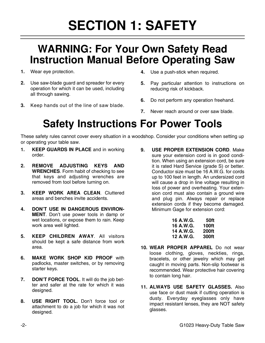 Grizzly G1023 instruction manual Safety Instructions For Power Tools 