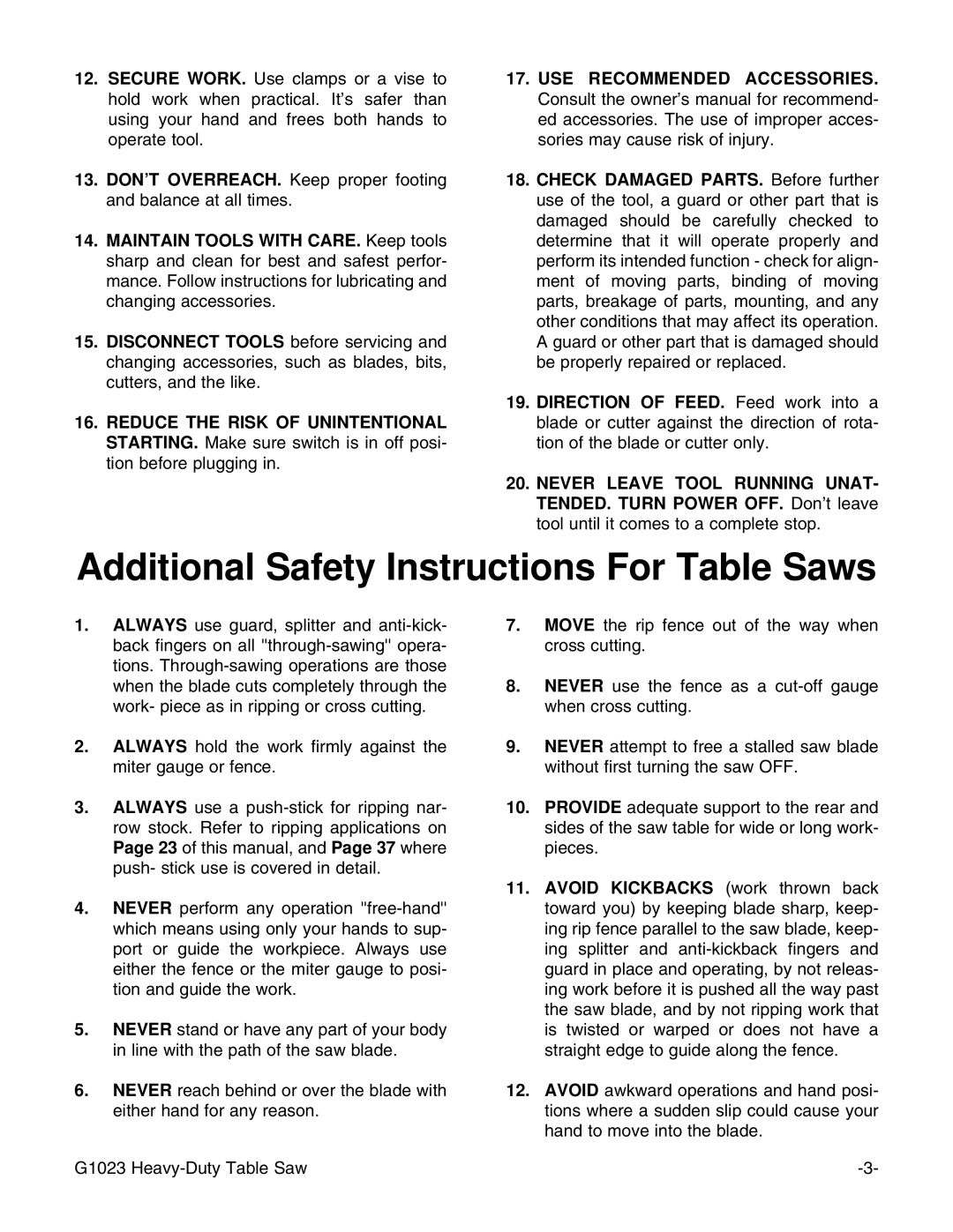 Grizzly G1023 instruction manual Additional Safety Instructions For Table Saws 