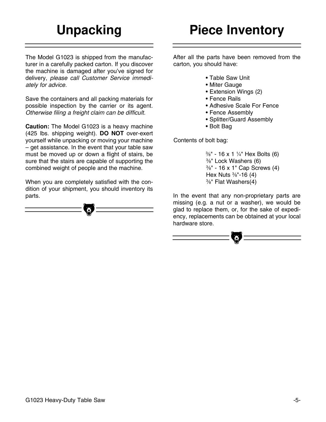 Grizzly G1023 instruction manual Unpacking Piece Inventory 