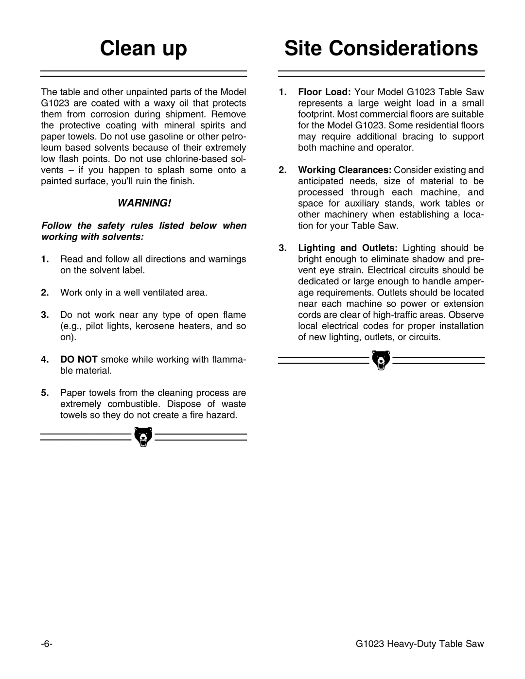 Grizzly G1023 instruction manual Clean up Site Considerations 