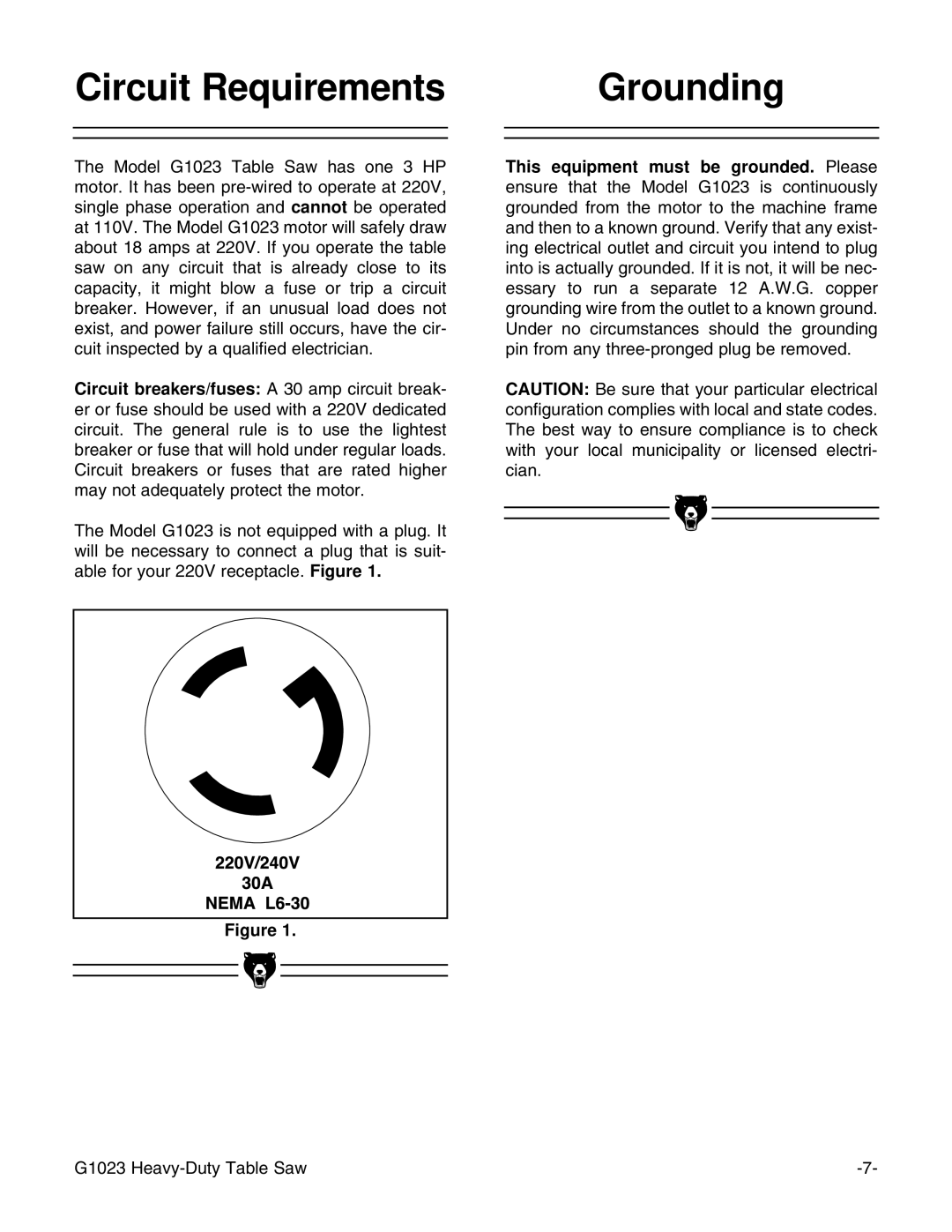 Grizzly G1023 instruction manual Grounding 