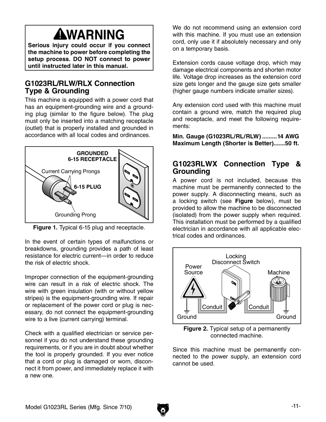 Grizzly G1023RLX owner manual G1023RLWX Connection Type & Grounding, Min. Gauge G1023RL/RL/RLW 14 AWG, 50 ft 