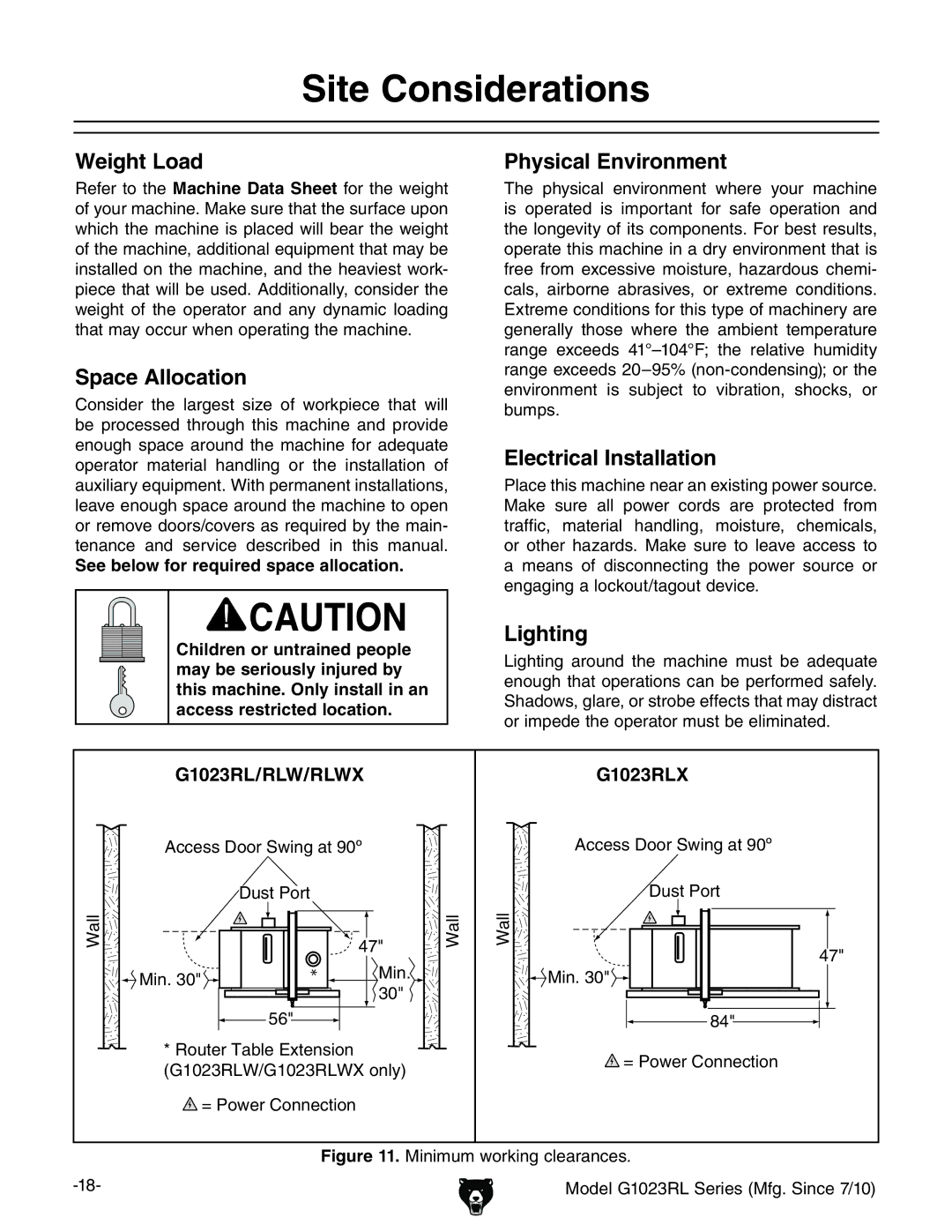 Grizzly G1023RL Site Considerations, Weight Load Physical Environment, Space Allocation, Electrical Installation, Lighting 