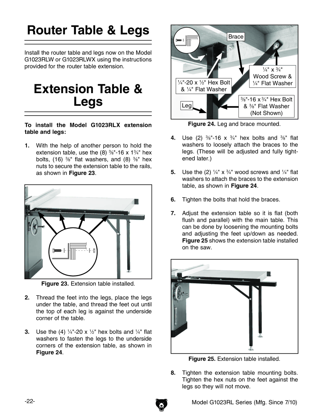 Grizzly Router Table & Legs, Extension Table Legs, To install the Model G1023RLX extension table and legs, CdiHdlc 