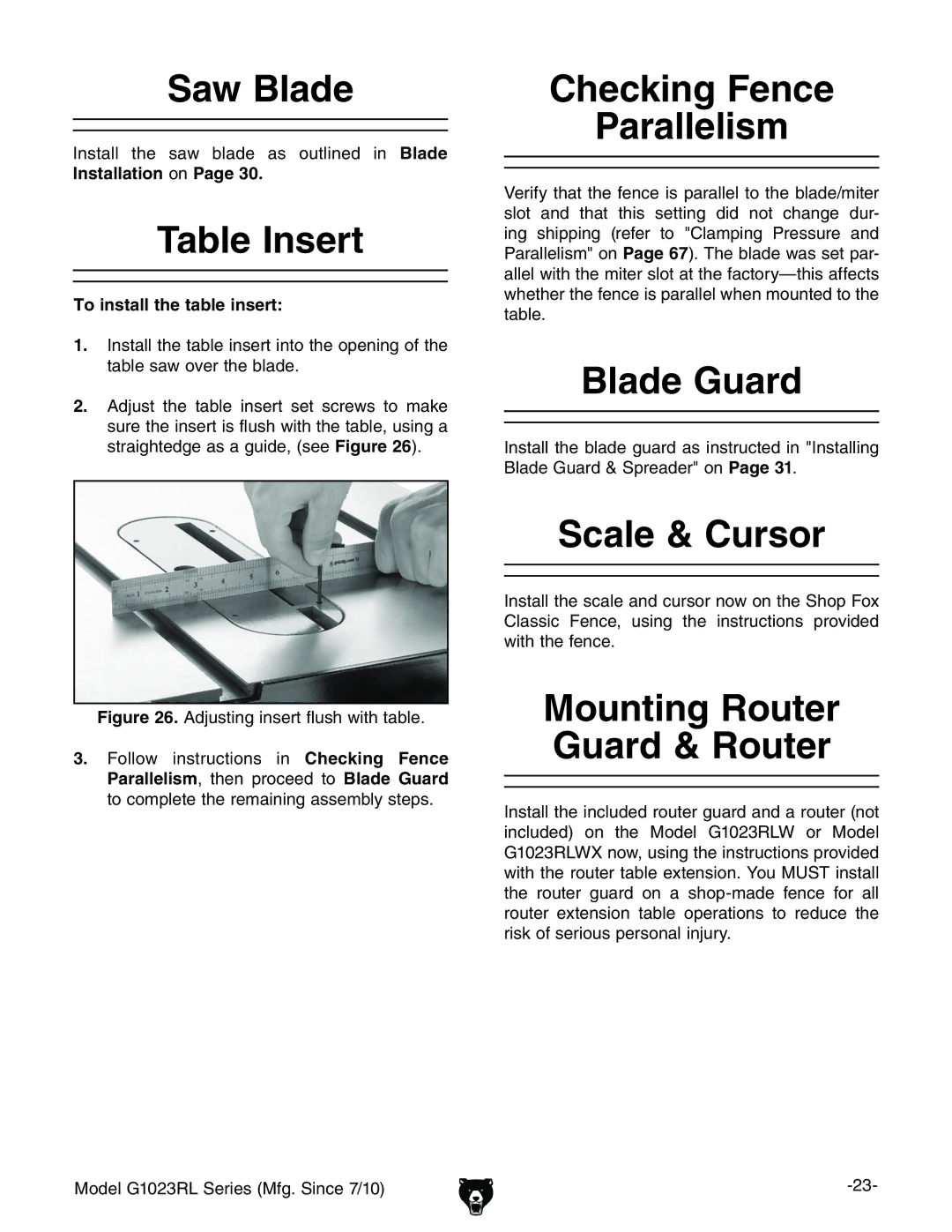 Grizzly G1023RLX, G1023RLWX owner manual Saw Blade, Table Insert, Checking Fence Parallelism, Blade Guard, Scale & Cursor 