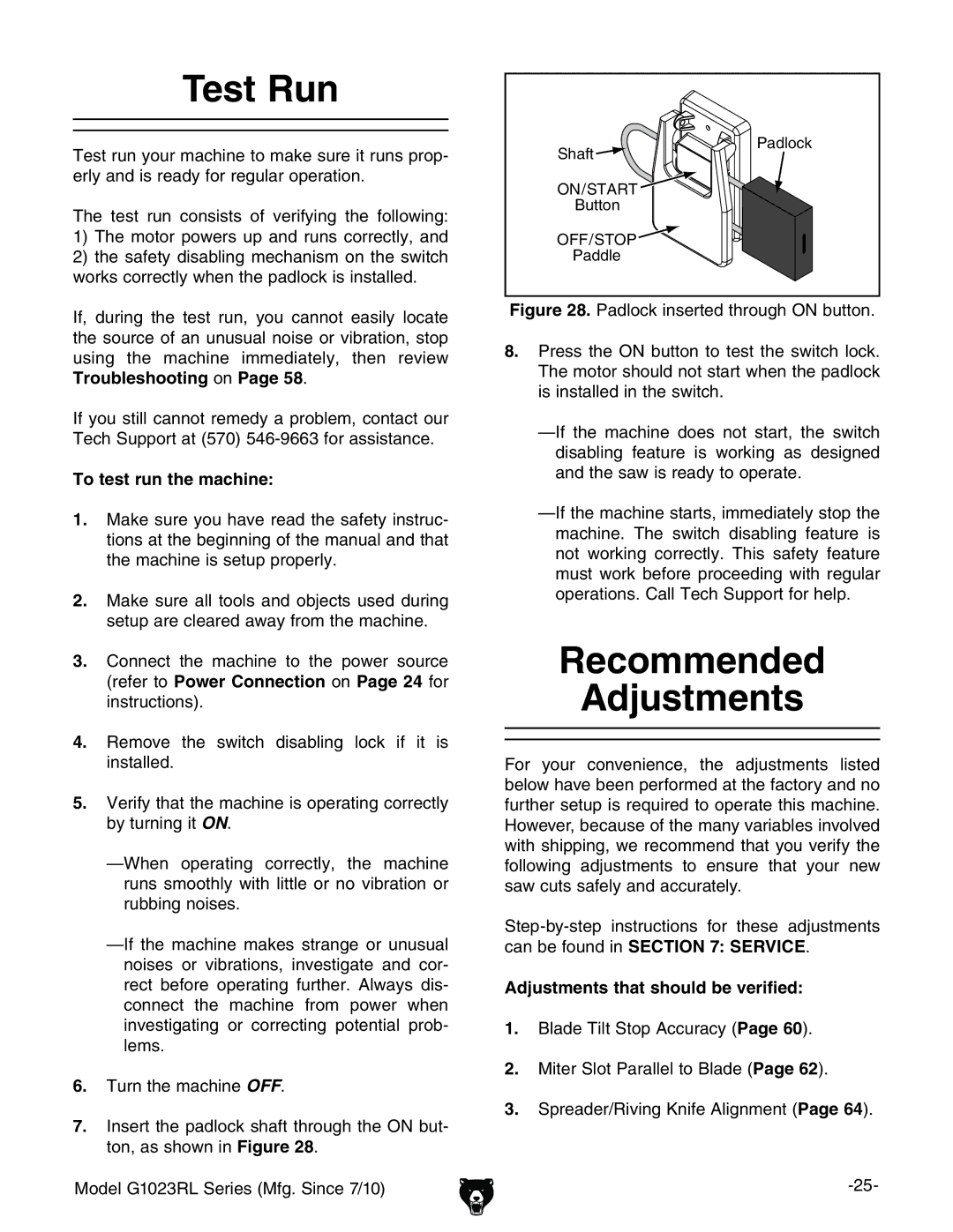 Grizzly G1023RLWX, G1023RLX owner manual Test Run, Recommended Adjustments, To test run the machine,  IjgciZbVXcZOFF# 