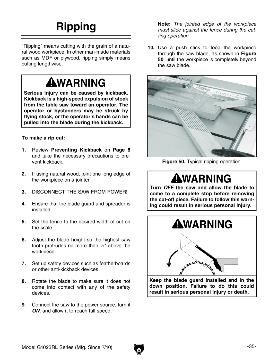 Grizzly G1023RLX, G1023RLWX owner manual Ripping, 9H8DCC8II=H6LGDBEDLG 